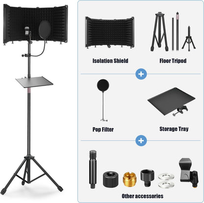 Microphone Isolation Shield with Tripod Stand & Pop Filter